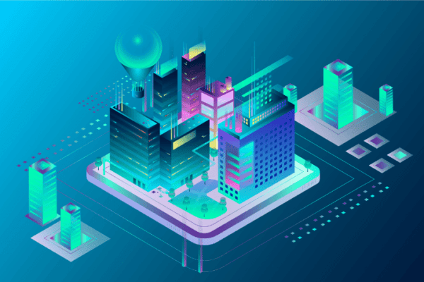 A stylized representation of a smart city with interconnected buildings, symbolizing IoT smart cities.