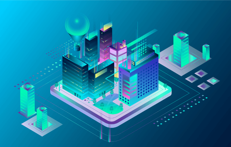 A stylized representation of a smart city with interconnected buildings, symbolizing IoT smart cities.