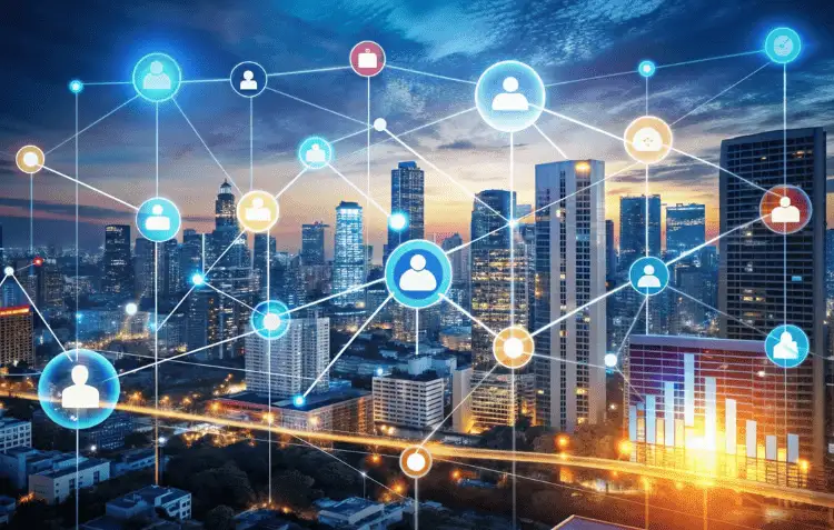Networking strategies illustrated by interconnected icons over a vibrant cityscape at dusk.