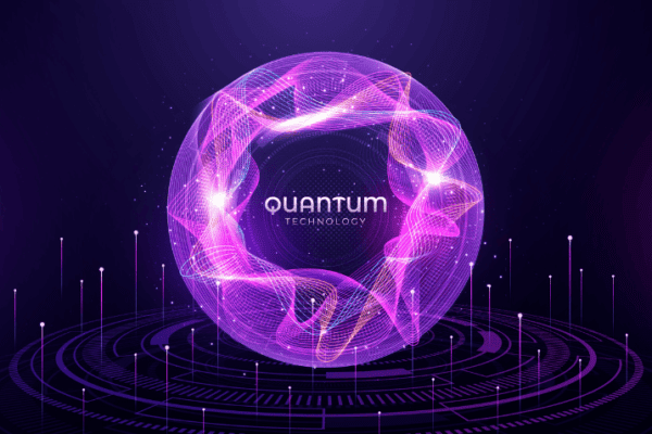 Digital graphic of a stylized atom with electron orbitals, symbolizing quantum computing advancements.