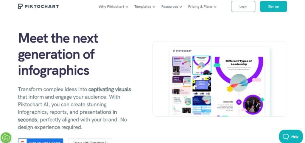 Piktochart online graphic design tool for creating visuals.